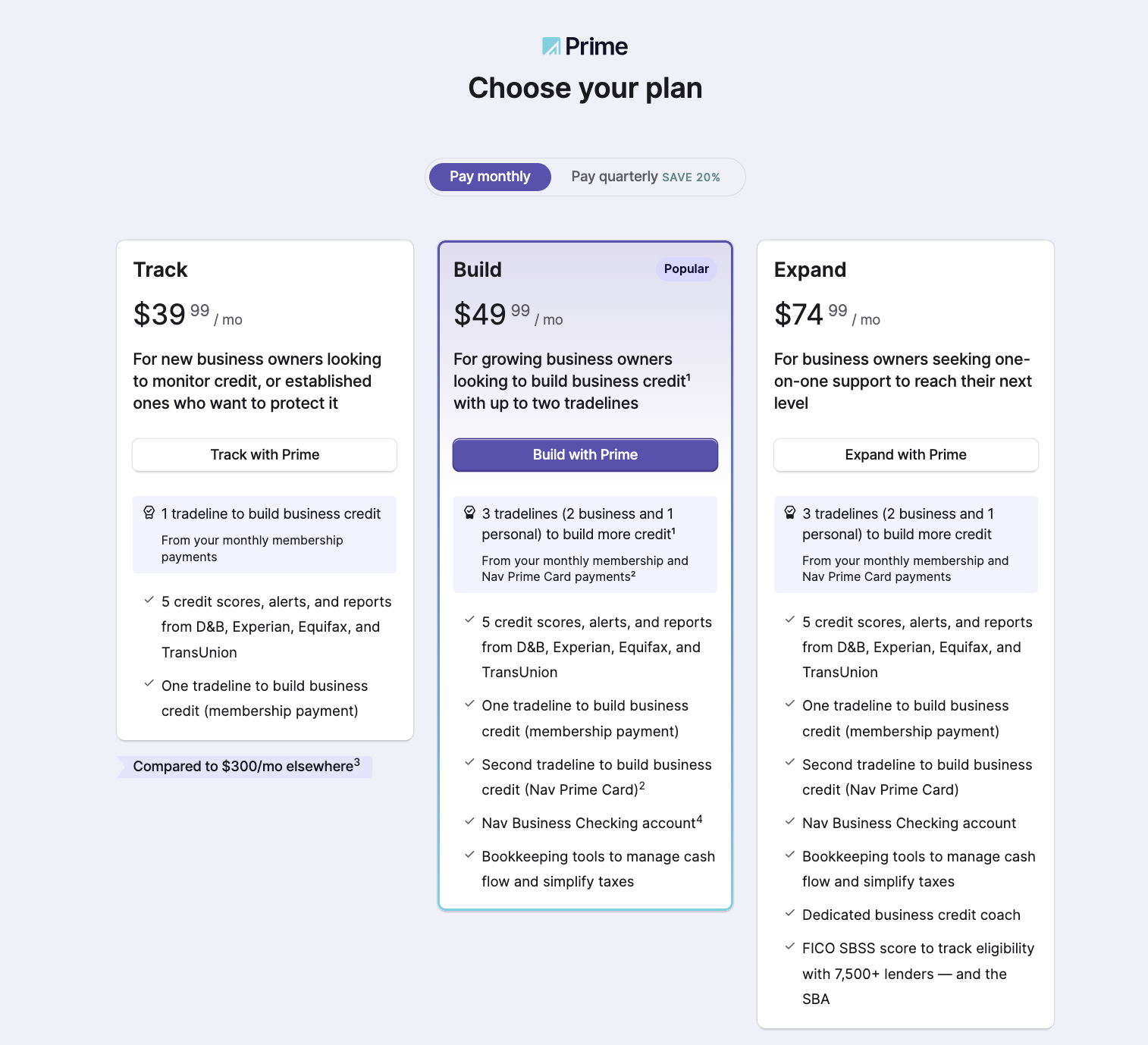 Nav Prime pricing tiers interface